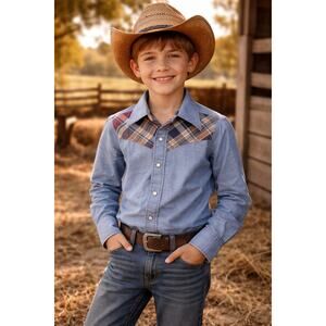 VTG Montgomery Ward western plaid denim chambray long sleeve pearl snap 10